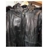Field Gear Black Leather Coat with Faux Fur Trim Hood - Size L