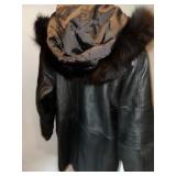 Field Gear Black Leather Coat with Faux Fur Trim Hood - Size L