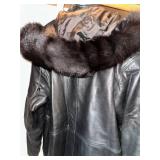 Field Gear Black Leather Coat with Faux Fur Trim Hood - Size L