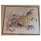 Set of 2 Framed Artworks: Paris Landscape and Uptown Art Fair 1974 Sketch