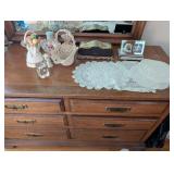 Collection of Vintage Porcelain Figurines, Doilies, and Crystal Ornament