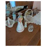 Collection of Vintage Porcelain Figurines, Doilies, and Crystal Ornament