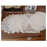 Collection of Vintage Porcelain Figurines, Doilies, and Crystal Ornament