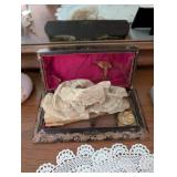 Collection of Vintage Porcelain Figurines, Doilies, and Crystal Ornament