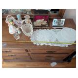 Collection of Vintage Porcelain Figurines, Doilies, and Crystal Ornament