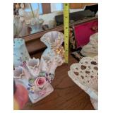 Collection of Vintage Porcelain Figurines, Doilies, and Crystal Ornament