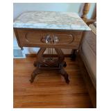 Victorian Marble-Top Wooden Side Table with Floral Carving