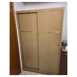 Tan Vintage Metal Storage Cabinet with Sliding Doors