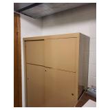 Tan Vintage Metal Storage Cabinet with Sliding Doors
