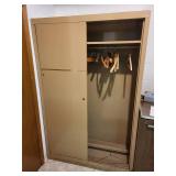 Tan Vintage Metal Storage Cabinet with Sliding Doors