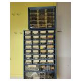 Hardware Cabinets w/ Hardware, Wooden Ladder and Box of Painting Accessories Including Lamp