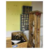 Hardware Cabinets w/ Hardware, Wooden Ladder and Box of Painting Accessories Including Lamp