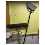 Set of Household Brooms, Extension Cords, and Metal Trash Can