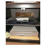 Cabinet with LG Blu-ray Player and Sylvania DVD Player with Remote Controls