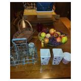 Collection of Kitchenware: Glass Bottles, Baskets, and Decorative Vases