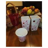 Collection of Kitchenware: Glass Bottles, Baskets, and Decorative Vases