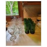 Set of 16 Vintage Glassware: 8 Clear and 8 Green Glasses