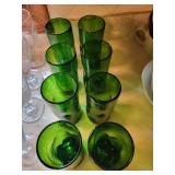 Set of 16 Vintage Glassware: 8 Clear and 8 Green Glasses