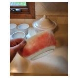 Pfaltzgraff Casserole Dish with Lid and Set of 4 Milk Glass Goblets