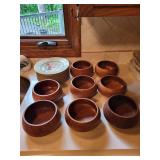 Set of 8 Philcraft Teak Wood Bowls and 8 Crate & Barrel Leaf Design Plates