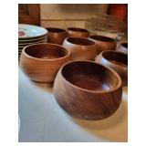 Set of 8 Philcraft Teak Wood Bowls and 8 Crate & Barrel Leaf Design Plates