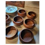 Set of 8 Philcraft Teak Wood Bowls and 8 Crate & Barrel Leaf Design Plates