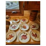 Set of 8 Philcraft Teak Wood Bowls and 8 Crate & Barrel Leaf Design Plates