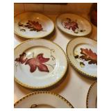 Set of 8 Philcraft Teak Wood Bowls and 8 Crate & Barrel Leaf Design Plates