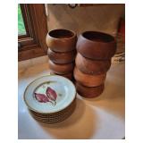 Set of 8 Philcraft Teak Wood Bowls and 8 Crate & Barrel Leaf Design Plates