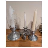 Set of 3 Pewter Candlestick Holders with Decorative Glass Shade