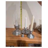 Set of 3 Pewter Candlestick Holders with Decorative Glass Shade