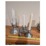 Set of 3 Pewter Candlestick Holders with Decorative Glass Shade