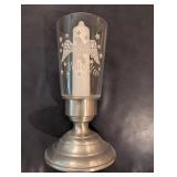 Set of 3 Pewter Candlestick Holders with Decorative Glass Shade
