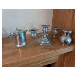 Set of Pewterware: Creamer, Salt Shaker, and Candelabra