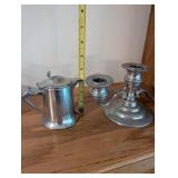 Set of Pewterware: Creamer, Salt Shaker, and Candelabra