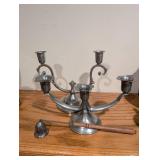 Set of 2 Swedish Vintage Pewter Three-Arm Candelabras with Snuffer