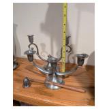 Set of 2 Swedish Vintage Pewter Three-Arm Candelabras with Snuffer