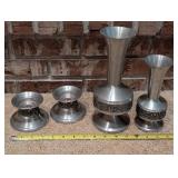 Set of 4 Scandinavian / Norwegian Pewter Metal Vases and Candle Holders with Ornate Design