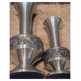 Set of 4 Scandinavian / Norwegian Pewter Metal Vases and Candle Holders with Ornate Design