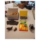 Collection of Decorative Items Including Birdhouse and Ornaments