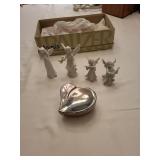 Set of 4 Porcelain Angel Figurines and Metal Heart-Shaped Trinket Box