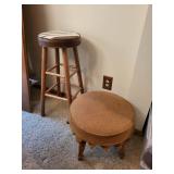 Vintage Wooden Stool and Upholstered Footstool Set