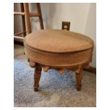 Vintage Wooden Stool and Upholstered Footstool Set