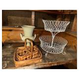 Collection of Vintage Decor Items - Vase, Basket, Two-Tier Stand