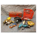 Collection of Vintage Tools with Metal Toolbox and Plastic Crate