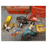 Collection of Vintage Tools with Metal Toolbox and Plastic Crate