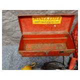 Collection of Vintage Tools with Metal Toolbox and Plastic Crate