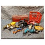Collection of Vintage Tools with Metal Toolbox and Plastic Crate