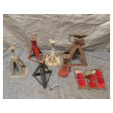 Assorted Heavy Duty Vehicle Jack Stands and Red Reflectors