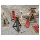 Assorted Heavy Duty Vehicle Jack Stands and Red Reflectors